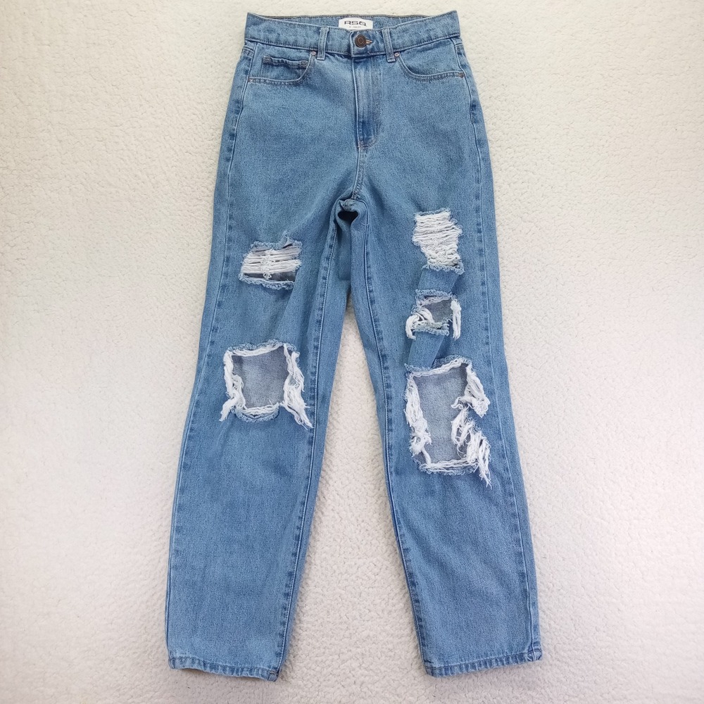 RSQ Women Baggy Jean Medium Wash Distressed Ripped High Rise Denim Size 26